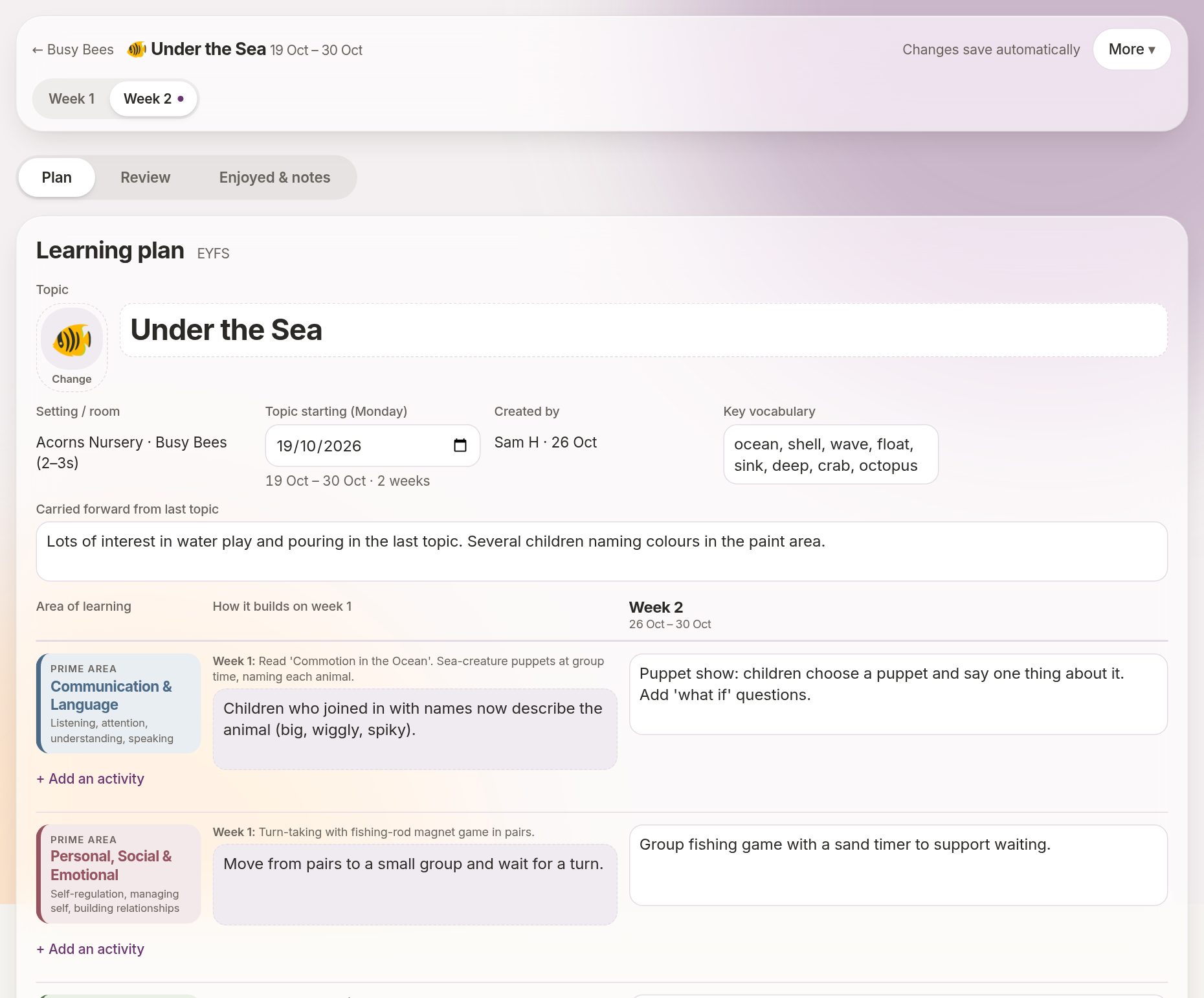 The online planner showing week 2 of an 'Under the Sea' topic: week buttons at the top, then for each EYFS area what was planned in week 1, how week 2 builds on it, and week 2's activities.